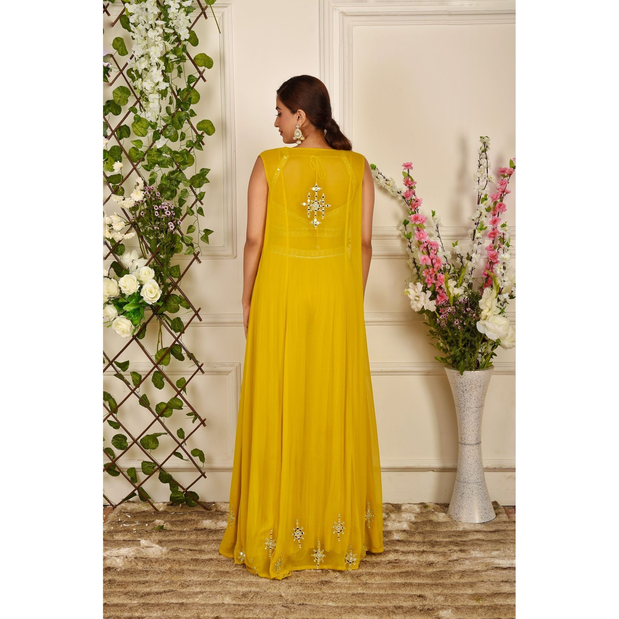 Yellow Mirrorwork Palazzo Jacket Set - Indian Designer Bridal Wedding Outfit