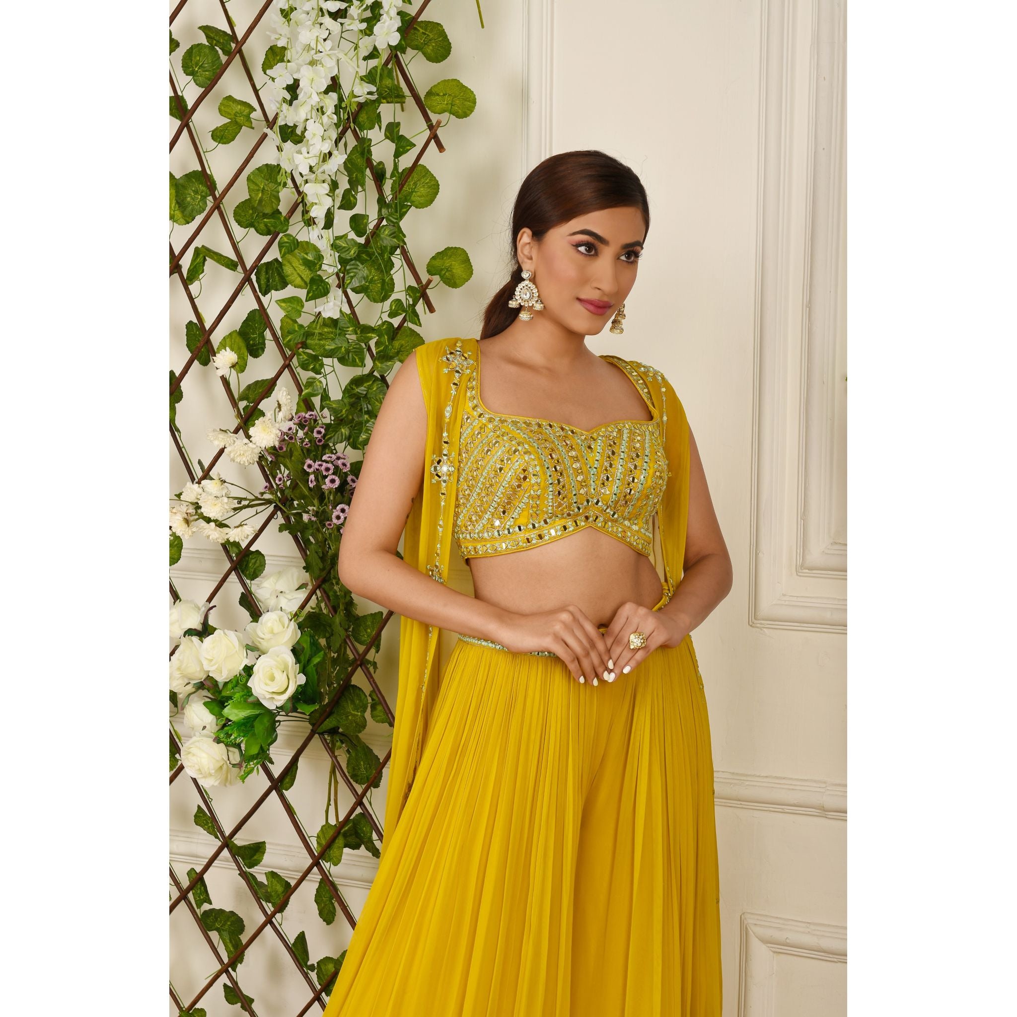 Yellow Mirrorwork Palazzo Jacket Set - Indian Designer Bridal Wedding Outfit