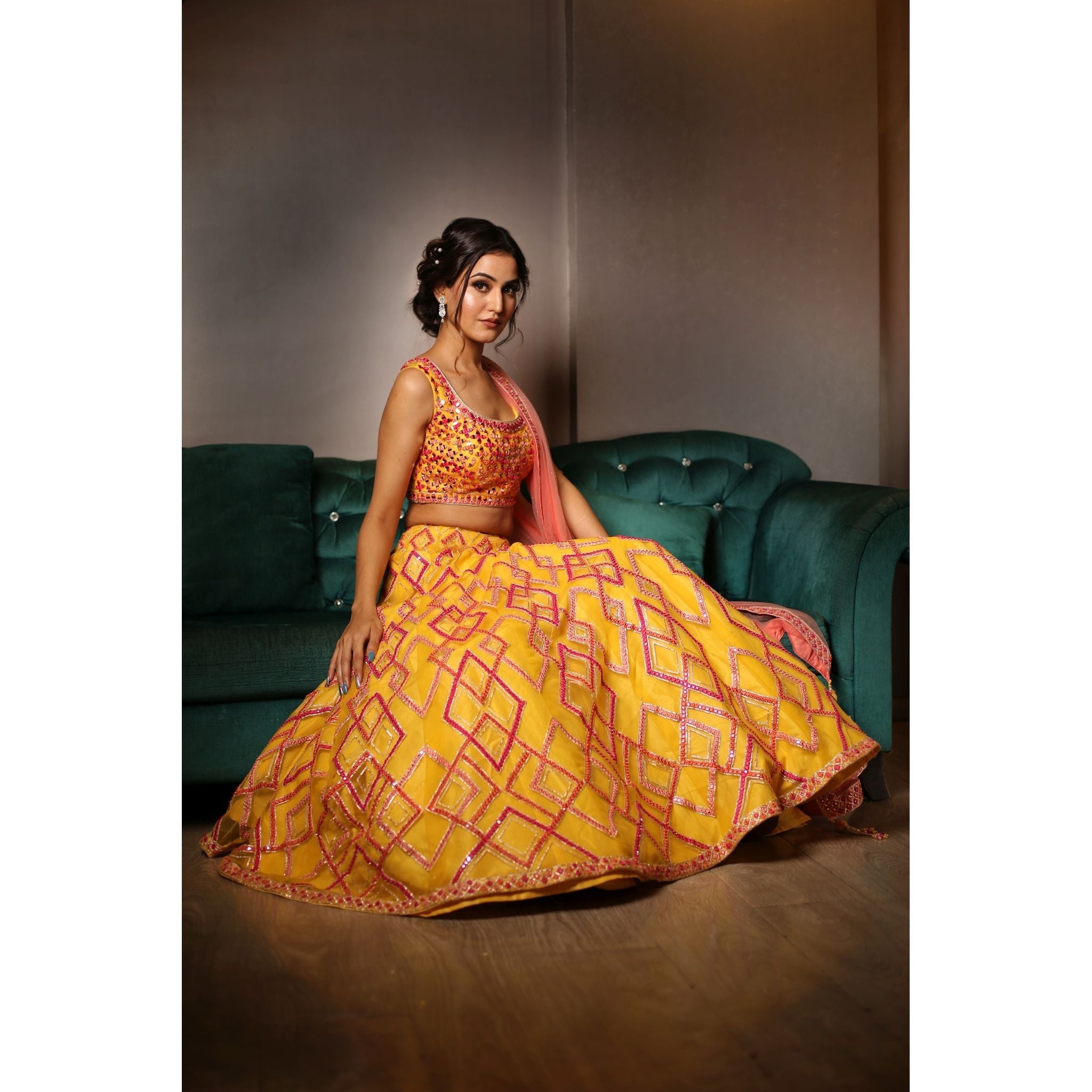 Yellow Multi-Colored Lehenga Set - Indian Designer Bridal Wedding Outfit