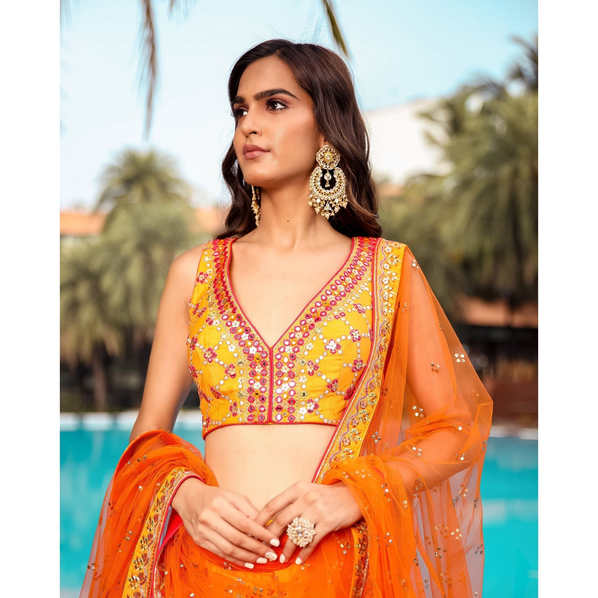 Yellow Orange Badla Mirrorwork Lehenga Set - Indian Designer Bridal Wedding Outfit