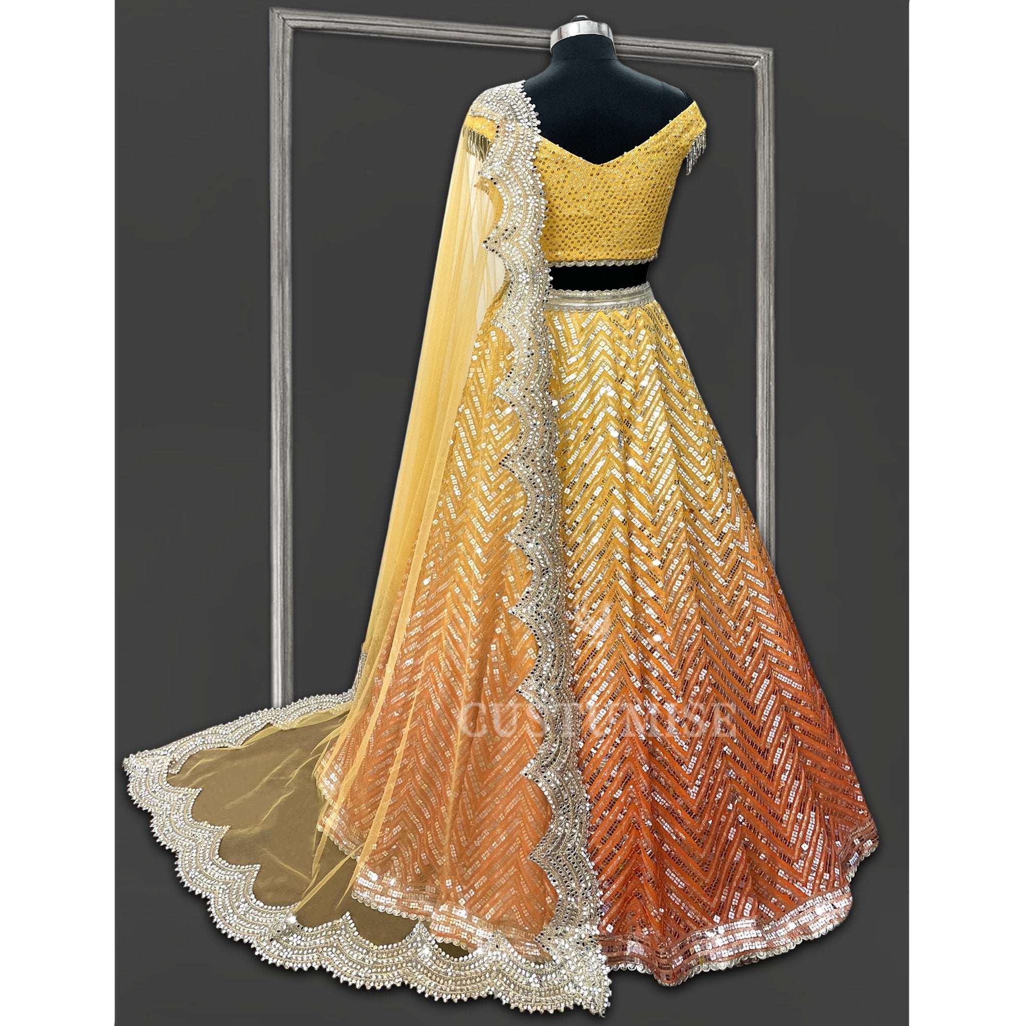 Yellow & Orange Ombre Mirror Lehenga - Indian Designer Bridal Wedding Outfit