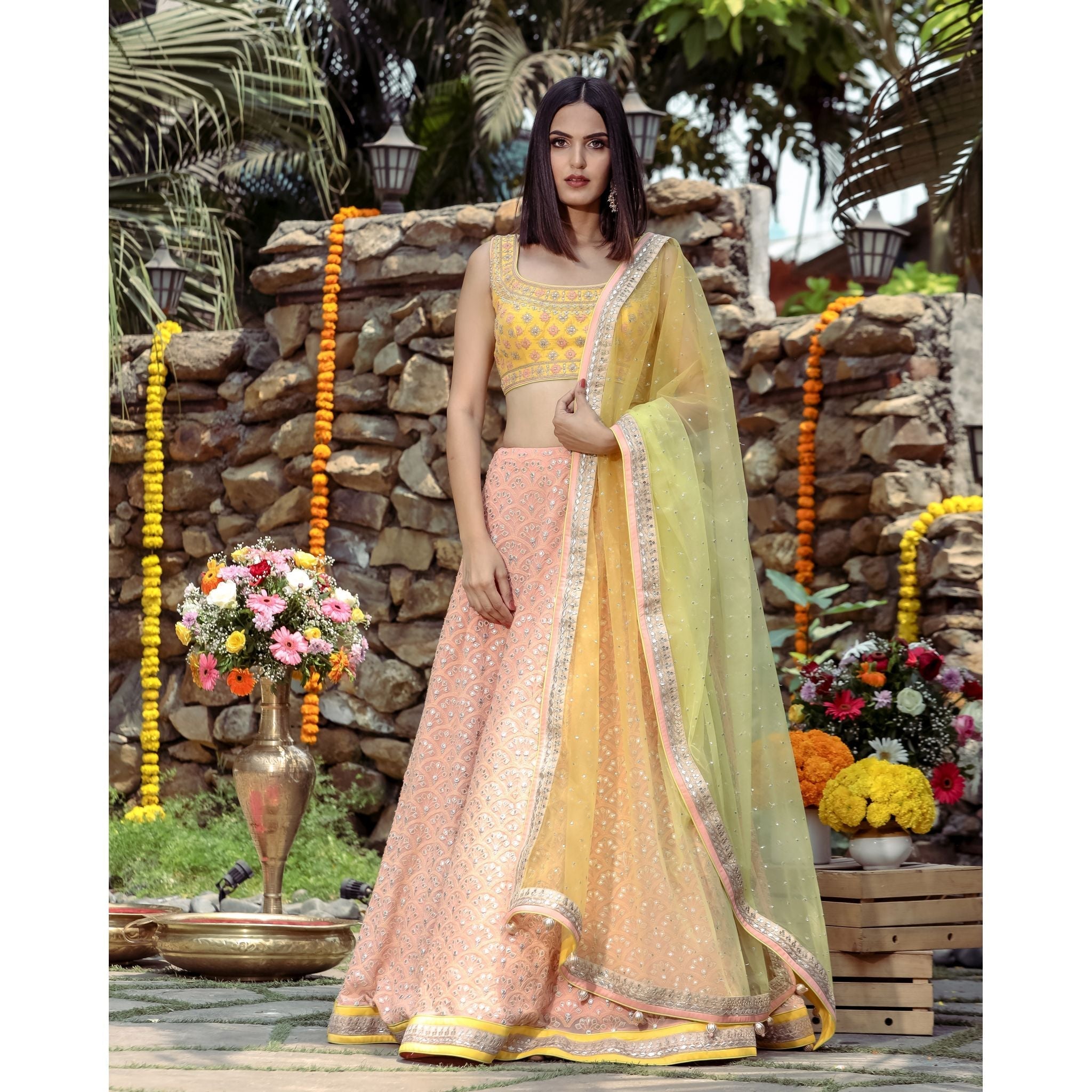 Yellow Peach Lucknowi Lehenga Set - Indian Designer Bridal Wedding Outfit