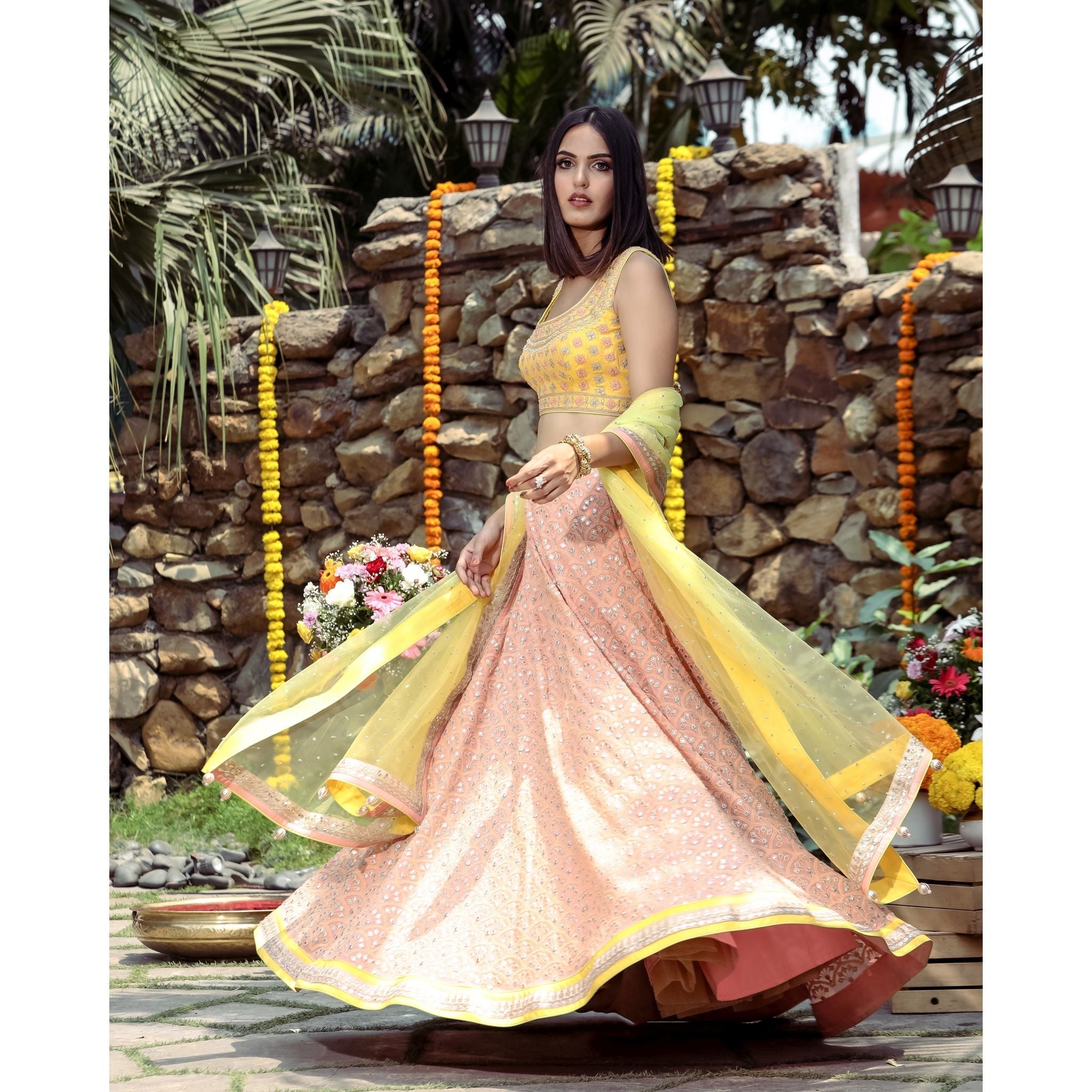Yellow Peach Lucknowi Lehenga Set - Indian Designer Bridal Wedding Outfit